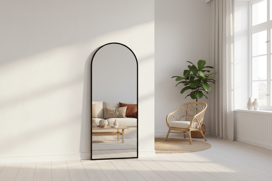 Tall arch floor mirror in a bright Scandinavian living room with linen and rattan decor