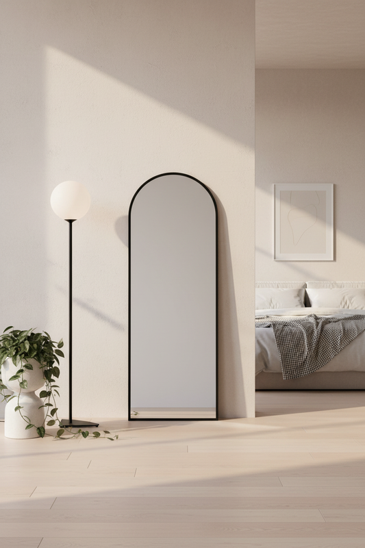 Tall arch floor mirror with black frame in a minimalist bedroom beside a floor lamp and trailing plant
