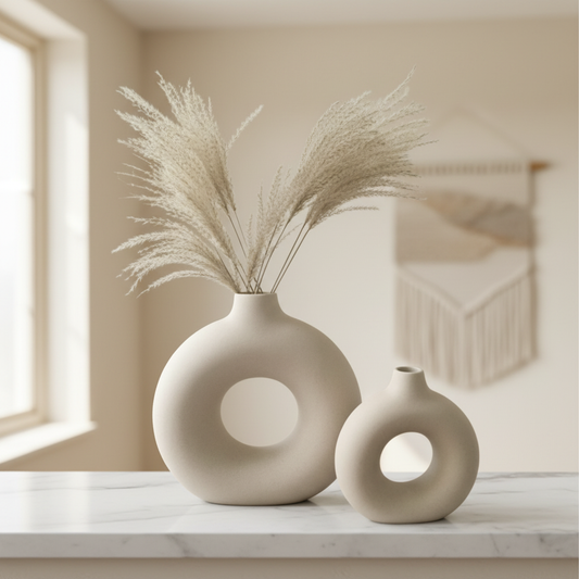Close-up of two matte beige round hollow ceramic vases on a marble shelf